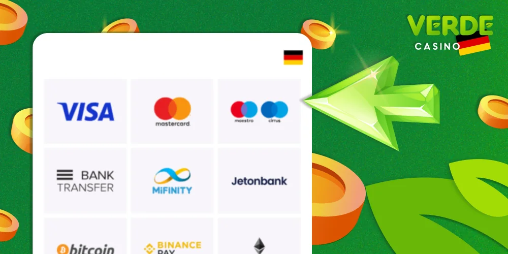 Wählen Sie eine Einzahlungsmethode im Verde Casino